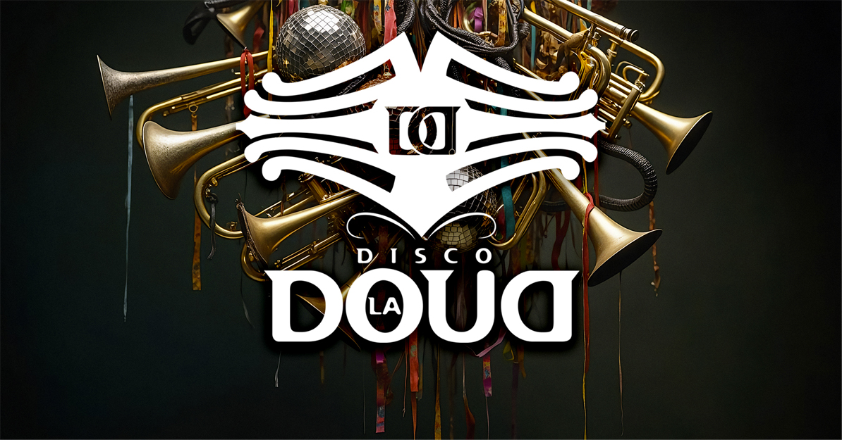 Visuel Doudingue Party — trompettes, boules disco et rubans